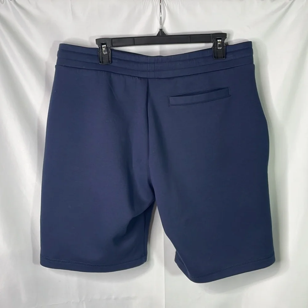 32°. Navy blue knit shorts.